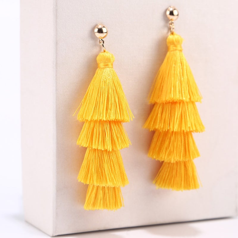 BaubleStar Fashion Tassel Dangle Earrings for Women Layered Long Bonita Tiered Yellow Thread Tassel Drop Statement Jewelry - Image 4